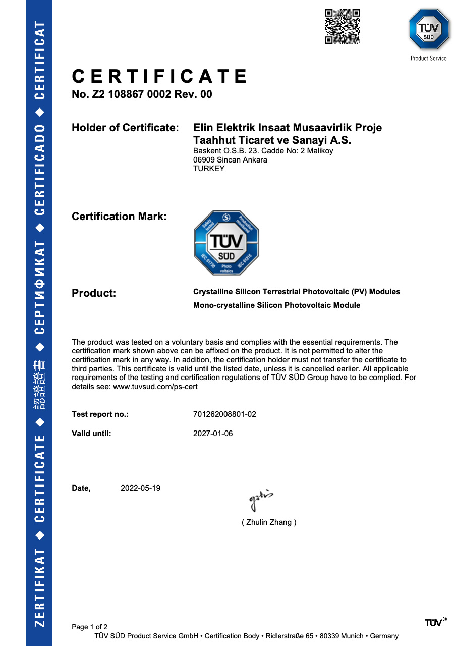 Crystalline Silicon Terrestrial Photovoltaic Modules Certificate