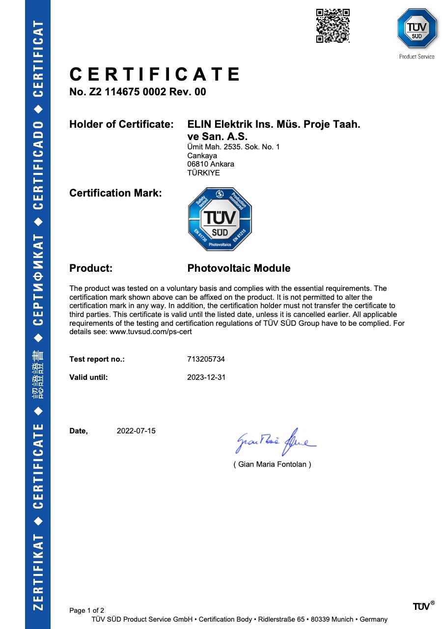 Elin Photovaltaic Module Certificate