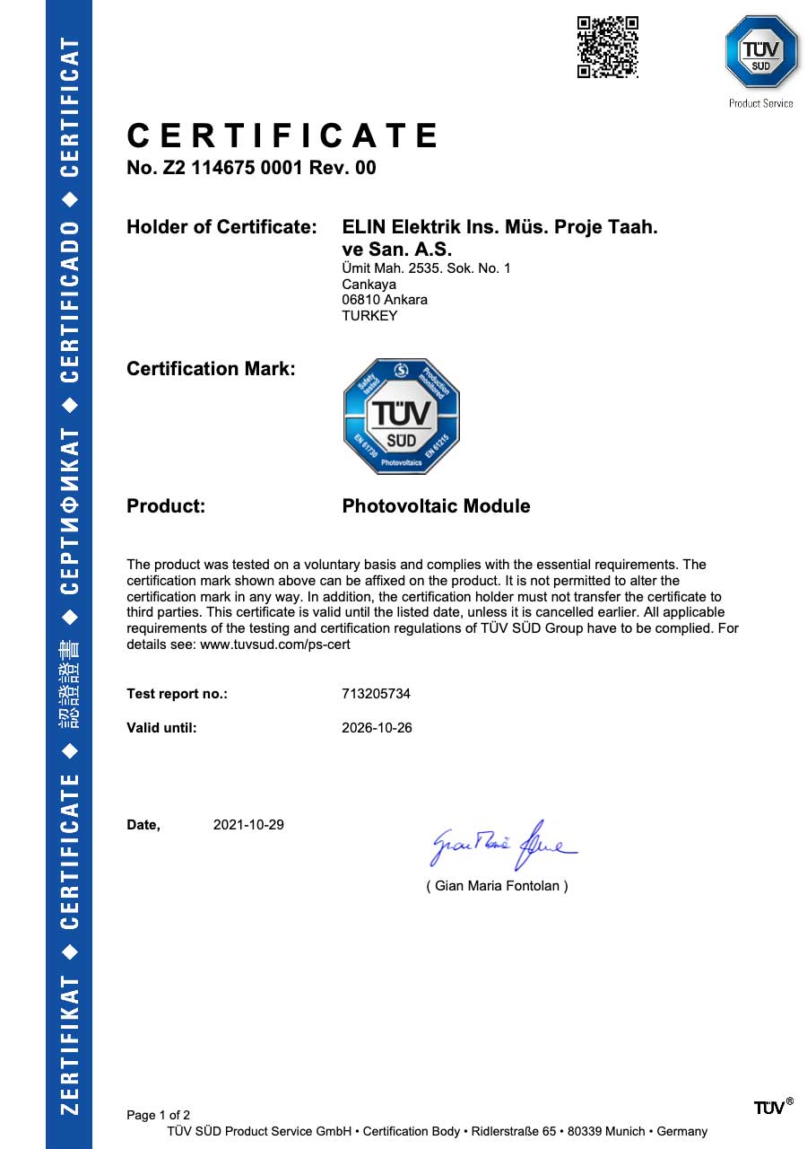 Elin Photovaltaic Module Certificate